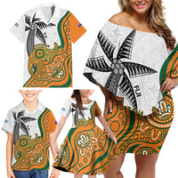 Custom Fiji And Australia Rugby Family Matching Off Shoulder Short Dress and Hawaiian Shirt Fijian Palm Tree Mix Aussie Kangaroo LT14 - Polynesian Pride