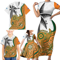 Custom Fiji And Australia Rugby Family Matching Short Sleeve Bodycon Dress and Hawaiian Shirt Fijian Palm Tree Mix Aussie Kangaroo LT14 - Polynesian Pride