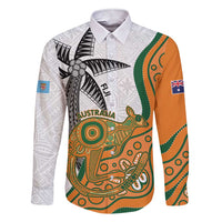 Custom Fiji And Australia Rugby Family Matching Short Sleeve Bodycon Dress and Hawaiian Shirt Fijian Palm Tree Mix Aussie Kangaroo LT14 Dad's Shirt - Long Sleeve Gold - Polynesian Pride