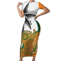 Custom Fiji And Australia Rugby Short Sleeve Bodycon Dress Fijian Palm Tree Mix Aussie Kangaroo LT14 Long Dress Gold - Polynesian Pride