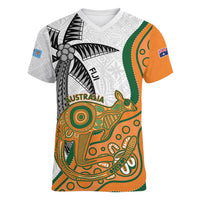 Custom Fiji And Australia Rugby Women V-Neck T-Shirt Fijian Palm Tree Mix Aussie Kangaroo LT14 Female Gold - Polynesian Pride