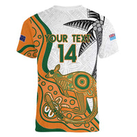 Custom Fiji And Australia Rugby Women V-Neck T-Shirt Fijian Palm Tree Mix Aussie Kangaroo LT14 - Polynesian Pride