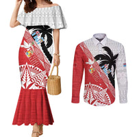 Fiji and Tonga Rugby Custom Couples Matching Mermaid Dress and Long Sleeve Button Shirt Flying Fijians Ikale Tahi Together Pacific LT14 Red - Polynesian Pride