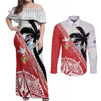 Fiji and Tonga Rugby Custom Couples Matching Off Shoulder Maxi Dress and Long Sleeve Button Shirt Flying Fijians Ikale Tahi Together Pacific LT14 Red - Polynesian Pride