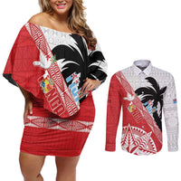 Fiji and Tonga Rugby Custom Couples Matching Off Shoulder Short Dress and Long Sleeve Button Shirt Flying Fijians Ikale Tahi Together Pacific LT14 Red - Polynesian Pride