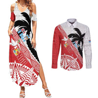 Fiji and Tonga Rugby Custom Couples Matching Summer Maxi Dress and Long Sleeve Button Shirt Flying Fijians Ikale Tahi Together Pacific LT14 Red - Polynesian Pride