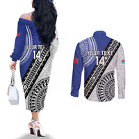 Fiji an Samoa Rugby Custom Couples Matching Off The Shoulder Long Sleeve Dress and Long Sleeve Button Shirt Flying Fijians Manu Samoa Together Pacific LT14 - Polynesian Pride