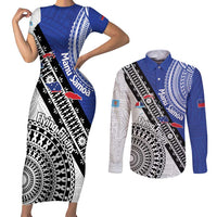 Fiji an Samoa Rugby Custom Couples Matching Short Sleeve Bodycon Dress and Long Sleeve Button Shirt Flying Fijians Manu Samoa Together Pacific LT14 Blue - Polynesian Pride
