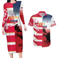 USA and Japan Rugby Custom Couples Matching Long Sleeve Bodycon Dress and Hawaiian Shirt Eagles Brave Blossoms Together Pacific - Polynesian Pride