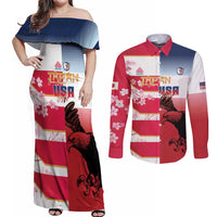 USA and Japan Rugby Custom Couples Matching Off Shoulder Maxi Dress and Long Sleeve Button Shirt Eagles Brave Blossoms Together Pacific LT14 Red - Polynesian Pride