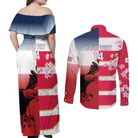 USA and Japan Rugby Custom Couples Matching Off Shoulder Maxi Dress and Long Sleeve Button Shirt Eagles Brave Blossoms Together Pacific LT14 - Polynesian Pride
