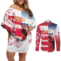 USA and Japan Rugby Custom Couples Matching Off Shoulder Short Dress and Long Sleeve Button Shirt Eagles Brave Blossoms Together Pacific LT14 Red - Polynesian Pride