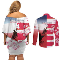 USA and Japan Rugby Custom Couples Matching Off Shoulder Short Dress and Long Sleeve Button Shirt Eagles Brave Blossoms Together Pacific LT14 - Polynesian Pride
