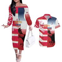 USA and Japan Rugby Custom Couples Matching Off The Shoulder Long Sleeve Dress and Hawaiian Shirt Eagles Brave Blossoms Together Pacific LT14 Red - Polynesian Pride
