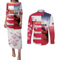 USA and Japan Rugby Custom Couples Matching Puletasi and Long Sleeve Button Shirt Eagles Brave Blossoms Together Pacific - Polynesian Pride