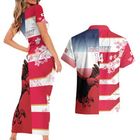 USA and Japan Rugby Custom Couples Matching Short Sleeve Bodycon Dress and Hawaiian Shirt Eagles Brave Blossoms Together Pacific LT14 - Polynesian Pride