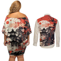 Samurai Warrior Japan Couples Matching Off Shoulder Short Dress and Long Sleeve Button Shirt Red-blossomed Tree Classic Japanese Stylized - Polynesian Pride