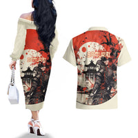 Samurai Warrior Japan Couples Matching Off The Shoulder Long Sleeve Dress and Hawaiian Shirt Red-blossomed Tree Classic Japanese Stylized LT14 - Polynesian Pride