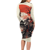 Samurai Warrior Japan Family Matching Long Sleeve Bodycon Dress and Hawaiian Shirt Red-blossomed Tree Classic Japanese Stylized LT14 - Polynesian Pride