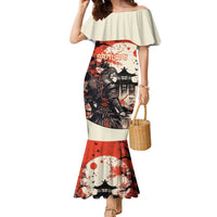 Samurai Warrior Japan Family Matching Mermaid Dress and Hawaiian Shirt Red-blossomed Tree Classic Japanese Stylized LT14 Mom's Dress Red - Polynesian Pride