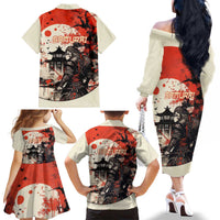 Samurai Warrior Japan Family Matching Off The Shoulder Long Sleeve Dress and Hawaiian Shirt Red-blossomed Tree Classic Japanese Stylized LT14 - Polynesian Pride