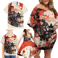Samurai Warrior Japan Family Matching Off Shoulder Short Dress and Hawaiian Shirt Red-blossomed Tree Classic Japanese Stylized LT14 - Polynesian Pride