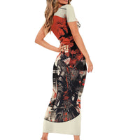 Samurai Warrior Japan Family Matching Short Sleeve Bodycon Dress and Hawaiian Shirt Red-blossomed Tree Classic Japanese Stylized LT14 - Polynesian Pride
