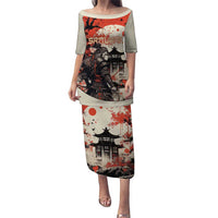 Samurai Warrior Japan Puletasi Red-blossomed Tree Classic Japanese Stylized - Polynesian Pride