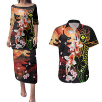 Hawaiian and Japanese Couples Matching Puletasi and Hawaiian Shirt Koi Fish With Kanaka Polynesian Tattoo LT14 Black - Polynesian Pride