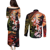 Hawaiian and Japanese Couples Matching Puletasi and Long Sleeve Button Shirt Koi Fish With Kanaka Polynesian Tattoo LT14 - Polynesian Pride