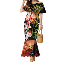 Hawaiian and Japanese Family Matching Mermaid Dress and Hawaiian Shirt Koi Fish With Kanaka Polynesian Tattoo LT14 Mom's Dress Black - Polynesian Pride