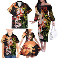 Hawaiian and Japanese Family Matching Off The Shoulder Long Sleeve Dress and Hawaiian Shirt Koi Fish With Kanaka Polynesian Tattoo LT14 - Polynesian Pride
