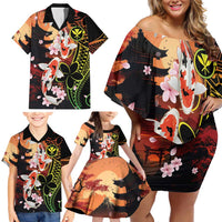Hawaiian and Japanese Family Matching Off Shoulder Short Dress and Hawaiian Shirt Koi Fish With Kanaka Polynesian Tattoo LT14 - Polynesian Pride