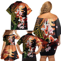 Hawaiian and Japanese Family Matching Off Shoulder Short Dress and Hawaiian Shirt Koi Fish With Kanaka Polynesian Tattoo LT14 - Polynesian Pride
