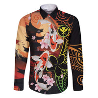 Hawaiian and Japanese Family Matching Off Shoulder Short Dress and Hawaiian Shirt Koi Fish With Kanaka Polynesian Tattoo LT14 Dad's Shirt - Long Sleeve Black - Polynesian Pride