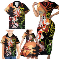 Hawaiian and Japanese Family Matching Short Sleeve Bodycon Dress and Hawaiian Shirt Koi Fish With Kanaka Polynesian Tattoo LT14 - Polynesian Pride