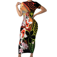 Hawaiian and Japanese Family Matching Short Sleeve Bodycon Dress and Hawaiian Shirt Koi Fish With Kanaka Polynesian Tattoo LT14 Mom's Dress Black - Polynesian Pride