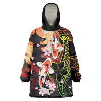 Hawaiian and Japanese Wearable Blanket Hoodie Koi Fish With Kanaka Polynesian Tattoo LT14 One Size Black - Polynesian Pride