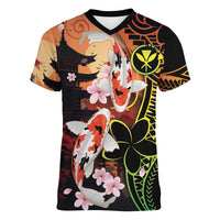 Hawaiian and Japanese Women V-Neck T-Shirt Koi Fish With Kanaka Polynesian Tattoo LT14 Female Black - Polynesian Pride