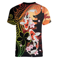 Hawaiian and Japanese Women V-Neck T-Shirt Koi Fish With Kanaka Polynesian Tattoo LT14 - Polynesian Pride