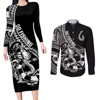 Personalised Polynesia Couples Matching Long Sleeve Bodycon Dress and Long Sleeve Button Shirts Fish Hook Tattoo Go Fishing Polynesian Pattern Black LT14 Black - Polynesian Pride