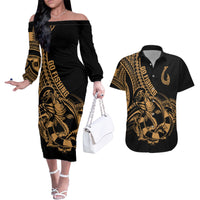 Polynesia Couples Matching Off The Shoulder Long Sleeve Dress and Hawaiian Shirt Fish Hook Tattoo Go Fishing Polynesian Pattern Gold LT14 Gold - Polynesian Pride
