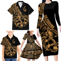 Polynesia Family Matching Long Sleeve Bodycon Dress and Hawaiian Shirt Fish Hook Tattoo Go Fishing Polynesian Pattern Gold LT14 - Polynesian Pride