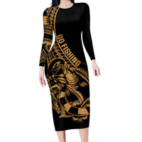 Polynesia Family Matching Long Sleeve Bodycon Dress and Hawaiian Shirt Fish Hook Tattoo Go Fishing Polynesian Pattern Gold LT14 Mom's Dress Gold - Polynesian Pride