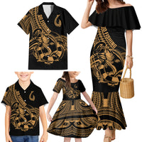 Polynesia Family Matching Mermaid Dress and Hawaiian Shirt Fish Hook Tattoo Go Fishing Polynesian Pattern Gold LT14 - Polynesian Pride