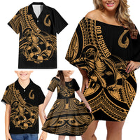 Polynesia Family Matching Off Shoulder Short Dress and Hawaiian Shirt Fish Hook Tattoo Go Fishing Polynesian Pattern Gold LT14 - Polynesian Pride