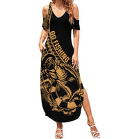 Polynesia Family Matching Summer Maxi Dress and Hawaiian Shirt Fish Hook Tattoo Go Fishing Polynesian Pattern Gold LT14 Mom's Dress Gold - Polynesian Pride