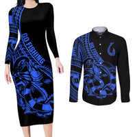 Polynesia Couples Matching Long Sleeve Bodycon Dress and Long Sleeve Button Shirts Fish Hook Tattoo Go Fishing Polynesian Pattern Blue LT14 Blue - Polynesian Pride