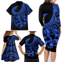 Polynesia Family Matching Long Sleeve Bodycon Dress and Hawaiian Shirt Fish Hook Tattoo Go Fishing Polynesian Pattern Blue LT14 - Polynesian Pride