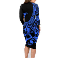 Polynesia Family Matching Long Sleeve Bodycon Dress and Hawaiian Shirt Fish Hook Tattoo Go Fishing Polynesian Pattern Blue LT14 - Polynesian Pride
